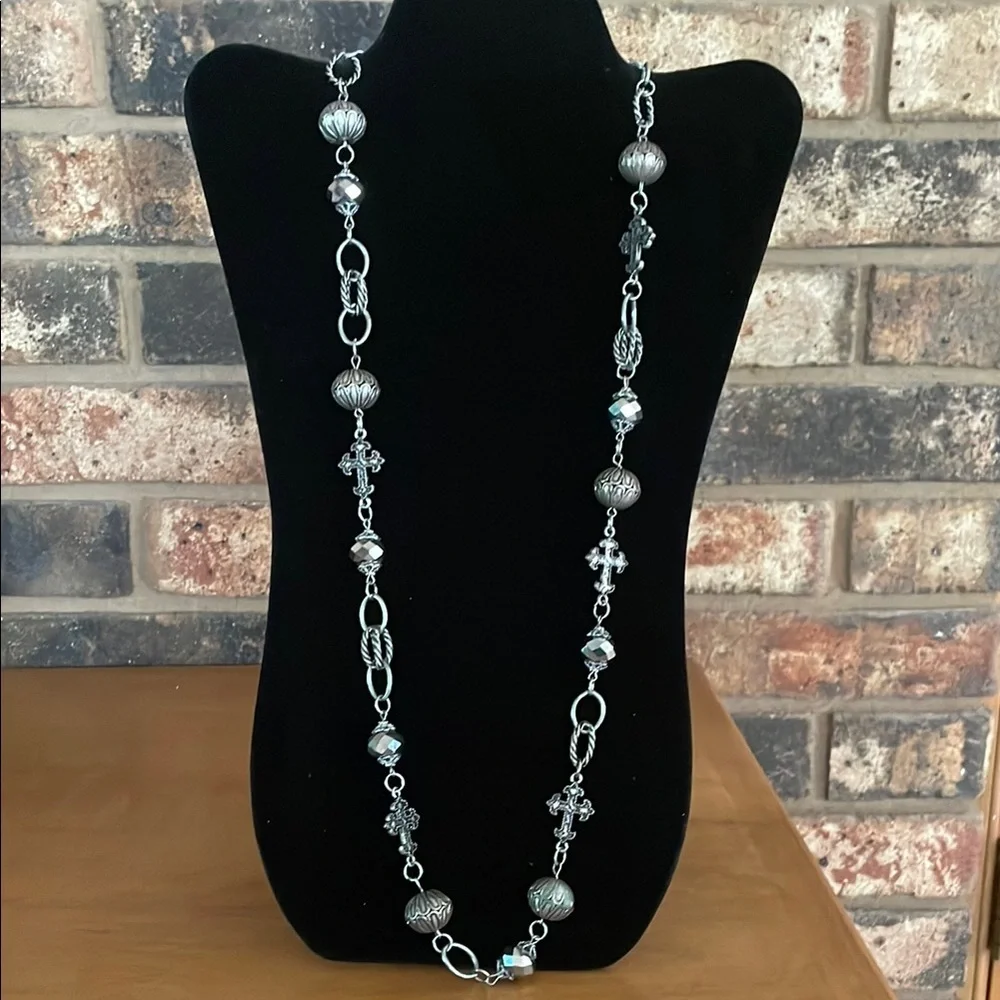 Y2K Chunky Beaded silver tone Cross and AB chain necklace